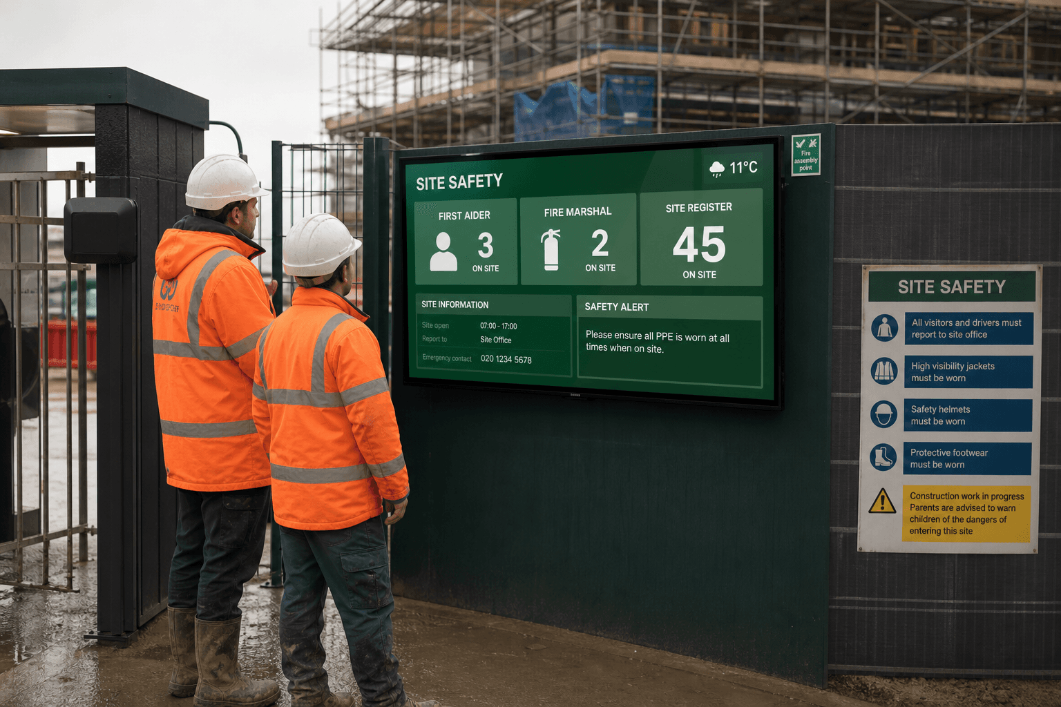 UK construction site with a digital safety board at the gate